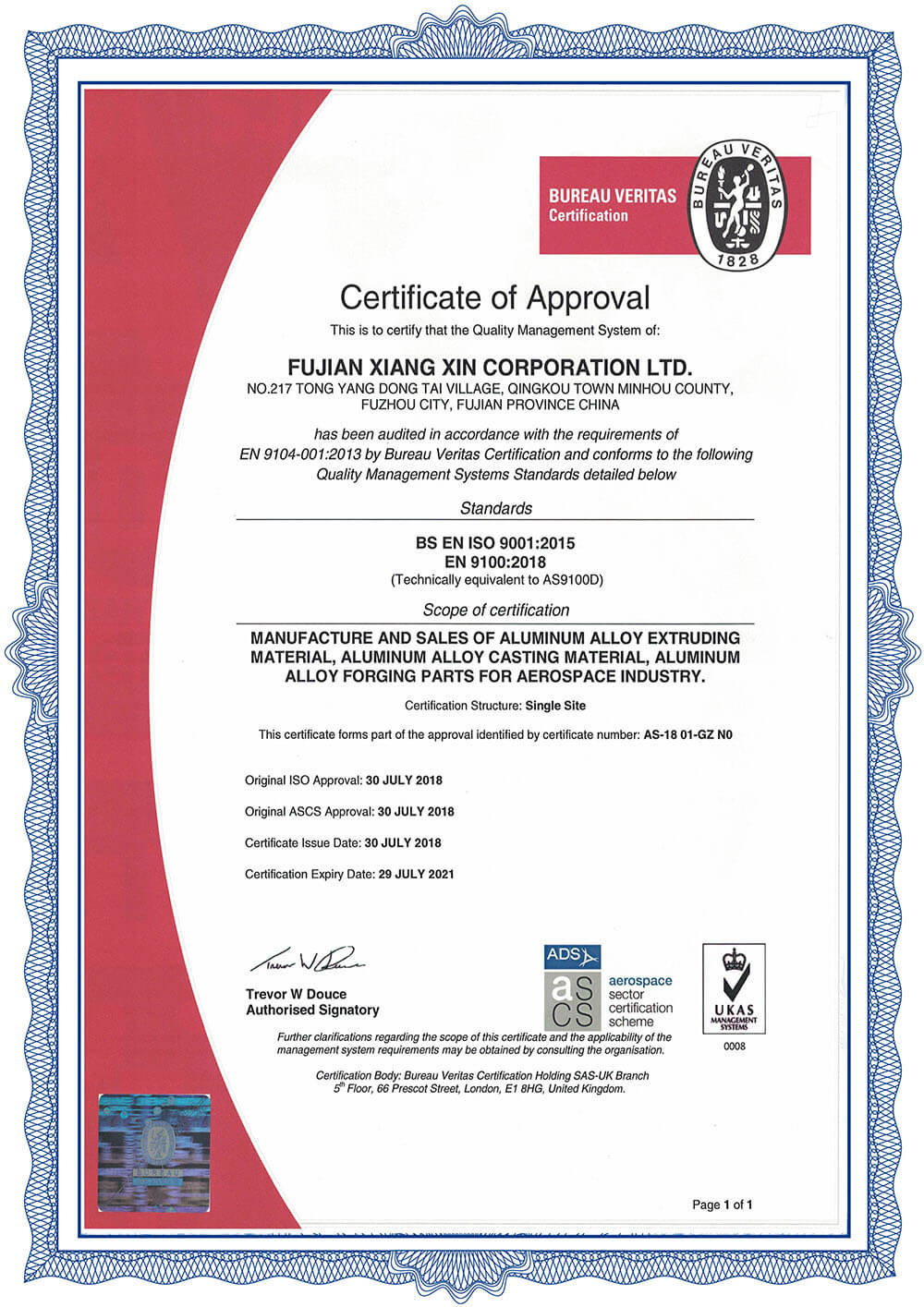Certificate - Fujian Xiangxin Co., Ltd.